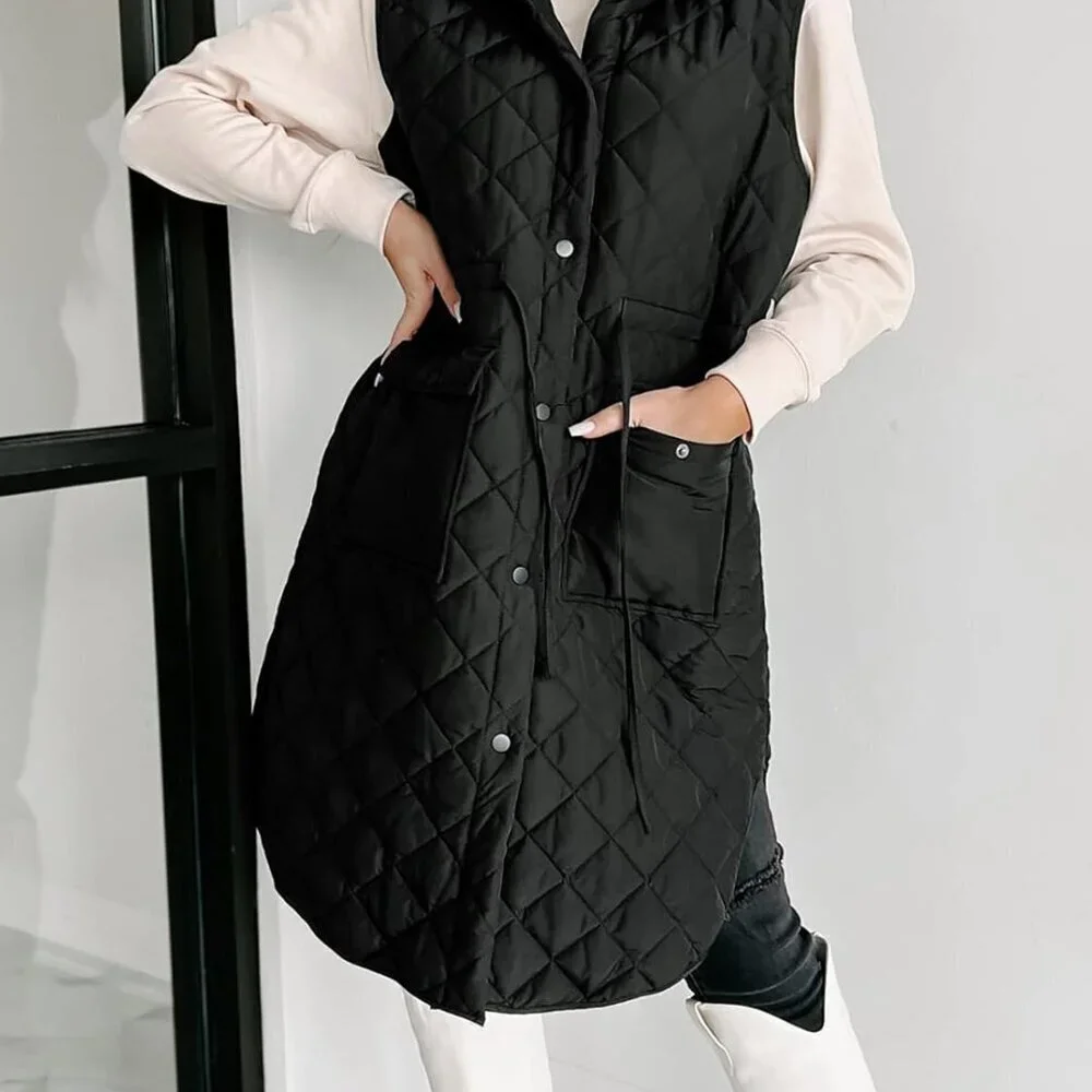 Women's Sleeveless Long Puffer Vest Quilted Hooded Winter Coat Light Warm - Picture 3 of 6